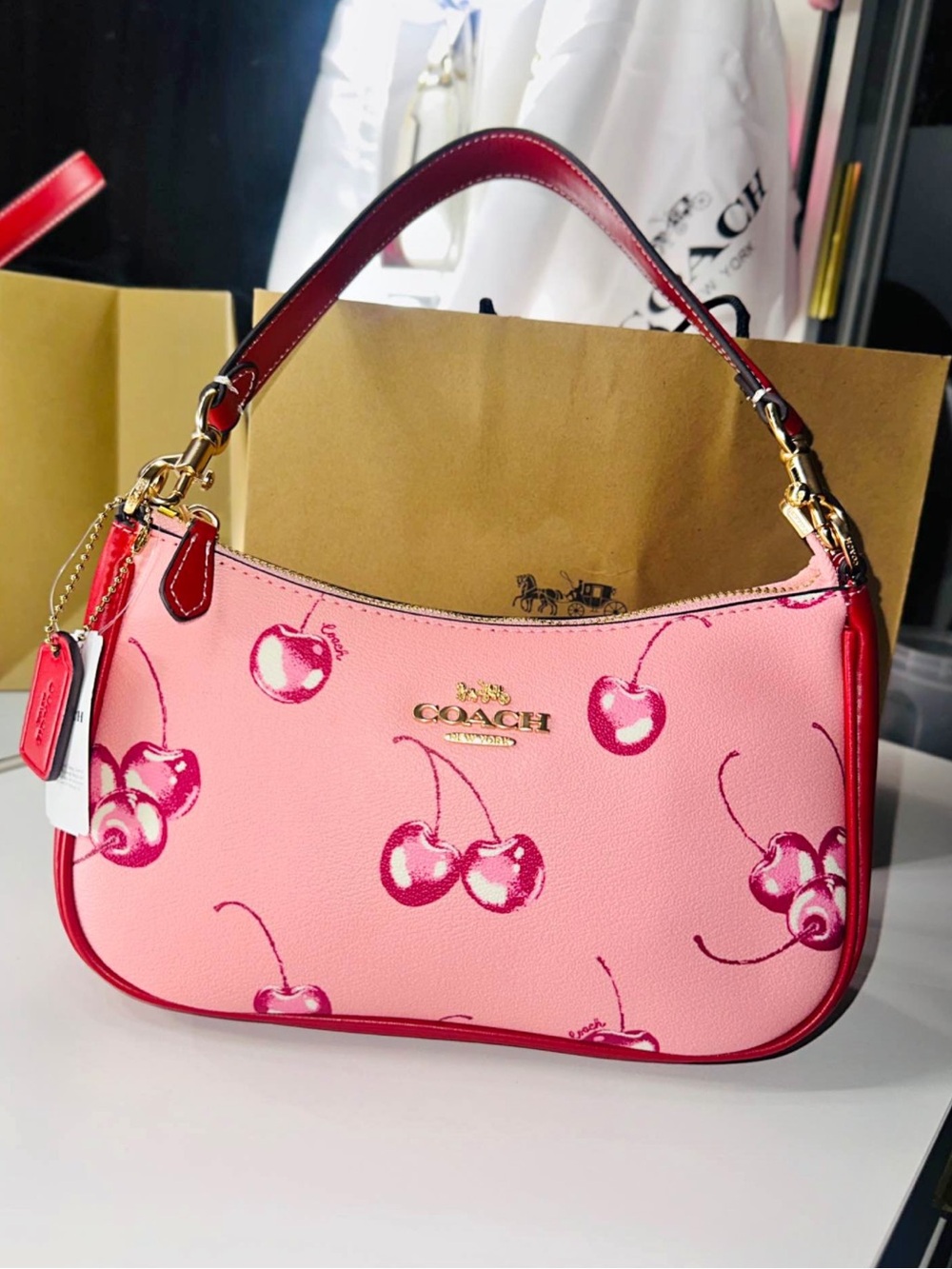 COACH Pink Cherry-Print Shoulder Bag with Red Trim - Picture 2 of 6